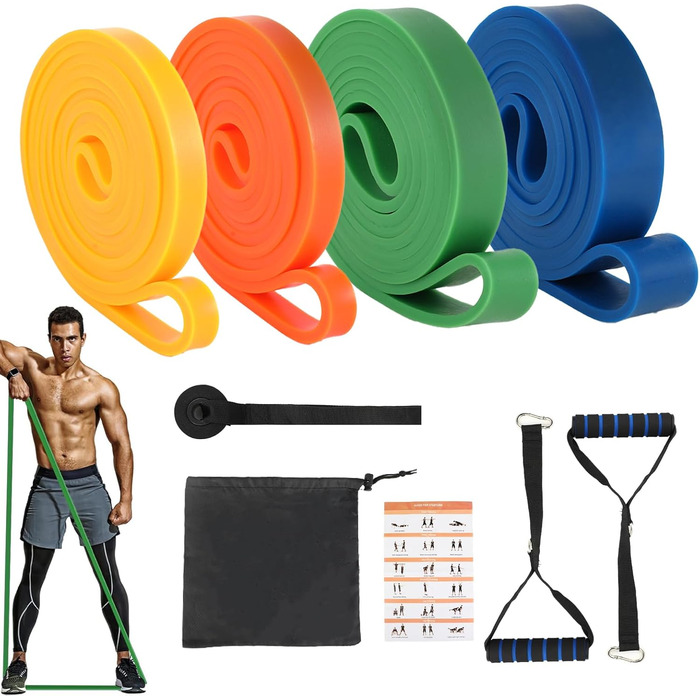 Набір еластичних стрічок для фітнесу з 4 рівнями опору, дверний анкер, 2 ручки та сумка для зберігання - для підтягувань, йоги, розтяжки, силових тренувань та покращення мобільності (з інструкцією)