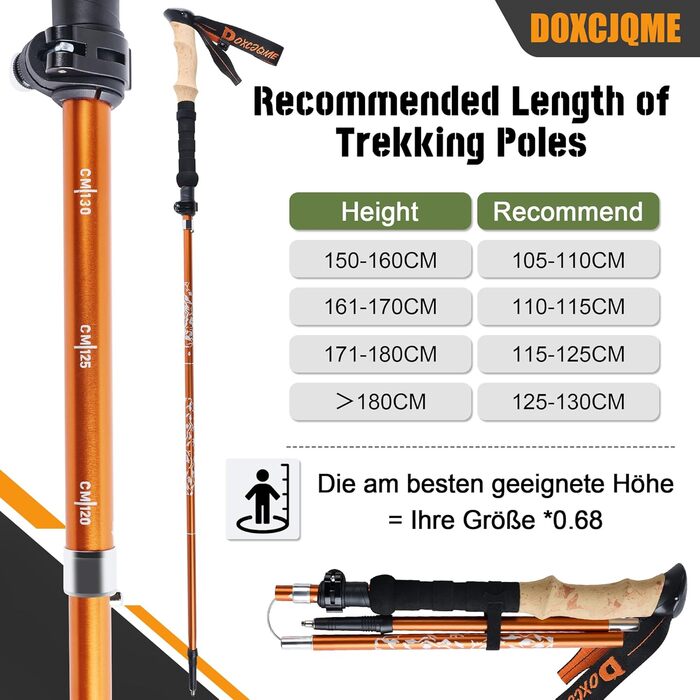 Телескопічні палиці для скандинавської ходьби та трекінгу 2 шт, складані (110-130 см), алюмінієві з гумовими наконечниками та сумкою, помаранчеві
