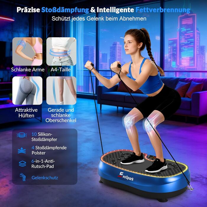 Вібраційна платформа для дому: 6+1 режимів тренувань, 199 швидкостей, 200W двигун, LED-підсвітка (темно-синій)