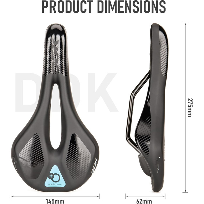 Сідло для велосипеда DDK Comfort Plus – М'яке сідло з Memory Foam – Зняття тиску та амортизація – Комфортне, м'яко стьоване сідло для чоловіків та жінок (MTB, шосе, міський велосипед)