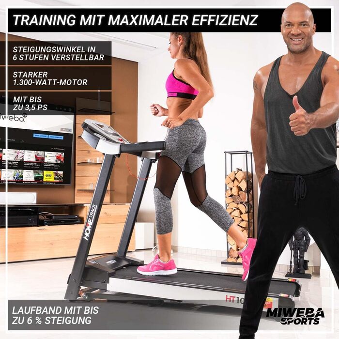 Електрична бігова доріжка Miweba Sports HT1000, 3,5 к.с., 16 км/год, 6% нахил, 120 кг, складана, велика бігова поверхня, 16 програм, для дому, біла