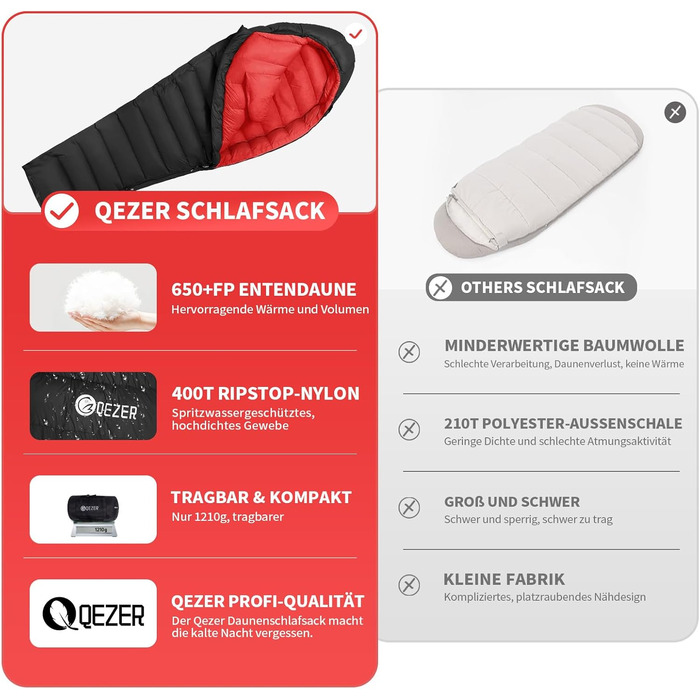 Спальний мішок для дорослих та дітей, легкий зимовий, Outdoor 8°C ~ -30°C для кемпінгу та альпінізму з 650 FP гусячий пух (Чорний, 700г пуху)