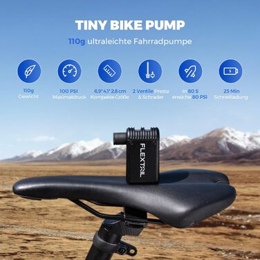 Електричний насос для велосипеда FLEXTAILGEAR Tiny Bike Pump, 100 PSI, портативна міні-помпа для MTB, шосейних і гірських велосипедів, USB Type-C, чорна