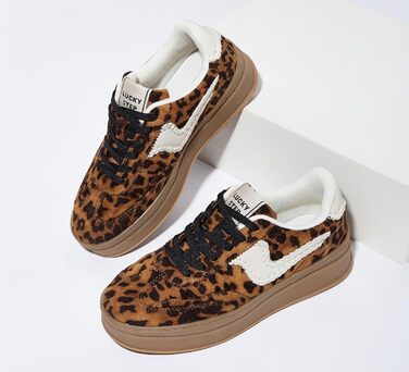 Жіночі кросівки на платформі LUCKY STEP – модні масивні кросівки, зручні шнурівки для повсякденного носіння та прогулянок з прошитими деталями. Чорно-білі (Коричневий леопард, 38 EU)