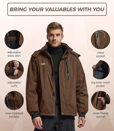 Чоловіча гірськолижна куртка Wantdo з флісовою підкладкою, водонепроникна та дихаюча, з капюшоном, вітрозахисна. Куртка Outdoor, кави, L