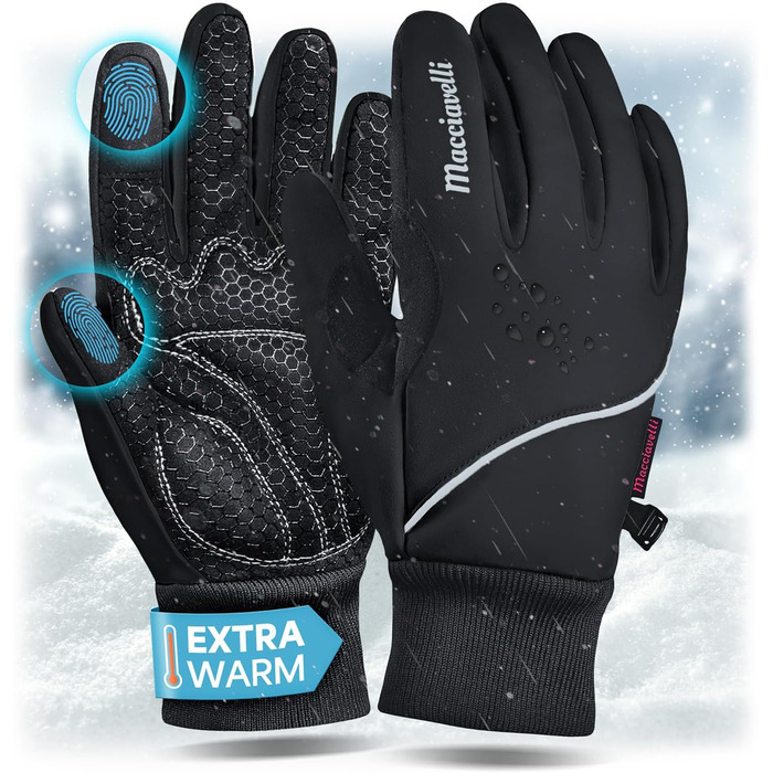 Велосипедні рукавички MACCIAVELLI® для чоловіків та жінок - зимові теплі термо рукавички з підтримкою сенсорного екрану для шосе, MTB та гірського велосипеда. Вітро- та водонепроникні, чорного кольору, розмір L
