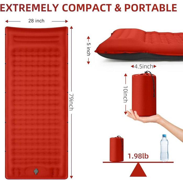 Надувний килимок для кемпінгу з інтегрованим насосом та подушкою, 12.7 см, компактний, для подорожей, туризму та відпочинку на природі (Оранжево-Чорний)