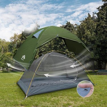 Намет Night Cat Camping для 2 осіб: Водонепроникний, легкий, 3-сезонний, з тамбуром, компактний для трекінгу, фестивалів, зелений