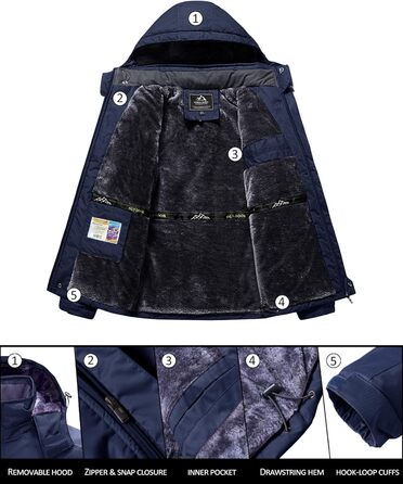 Зимова куртка KEFITEVD для чоловіків, водонепроникна, тепла, з підкладкою, для катання на лижах, спортивна, вітронепроникна, дихаюча, функціональна з відстібаною капюшоном (M, Темно-синій)