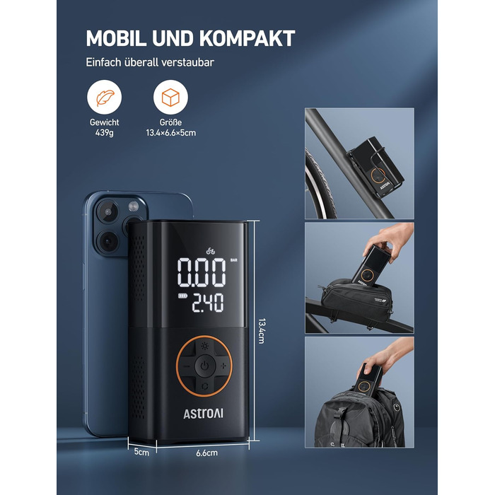 AstroAI Бездротова електрична повітряна помпа, портативна акумуляторна помпа для велосипеда з LED-ліхтариком, для велосипеда, електробіка, авто, мотоцикла, м'ячів (чорний)