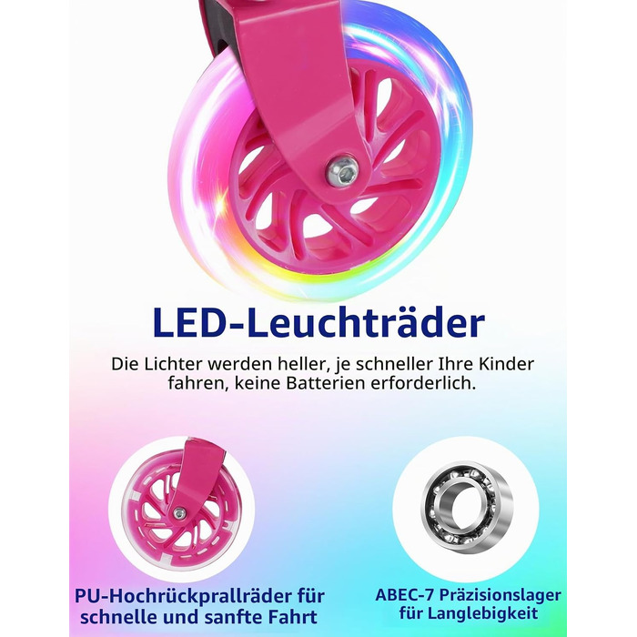 Дитячий самокат BELEEV V1Plus з LED-підсвіткою коліс та деки, складаний, з регулюванням висоти, для дітей 3-12 років (Hot Pink)