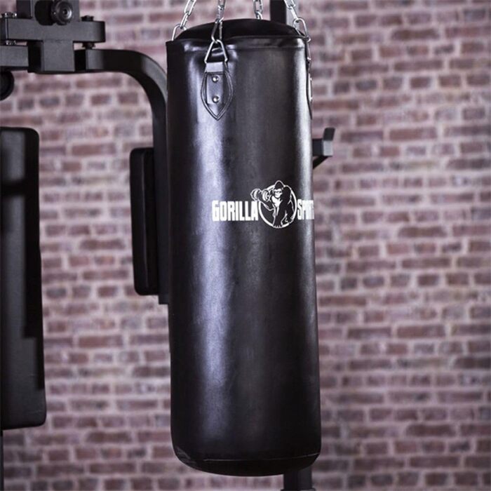 Боксерський мішок GORILLA SPORTS® 27/37 кг, наповнений, для підвішування, з міцною сталевою ланцюгом та 4 карабінами, штучна шкіра, чорний - бокс, ММА