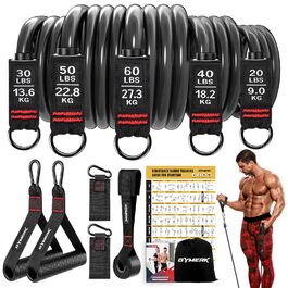 Набір еластичних стрічок для фітнесу з гумовими ручками, плакат з вправами, манжети на щиколотки, дверний анкер, сумка, 5 рівнів опору, 200LBS, чорний
