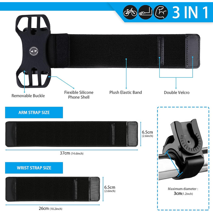 Спортивний браслет для телефону, тримач для смартфона на руку для бігу та велосипеда, 3-в-1. Сумісний з 4.5''-7'' смартфонами. Чорний