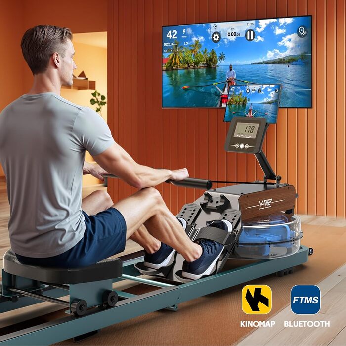 Складаний водний гребний тренажер MettleMatic для дому з Bluetooth, регульованим тримачем для планшета, вантажопідйомність 160 кг, 98% зібраний