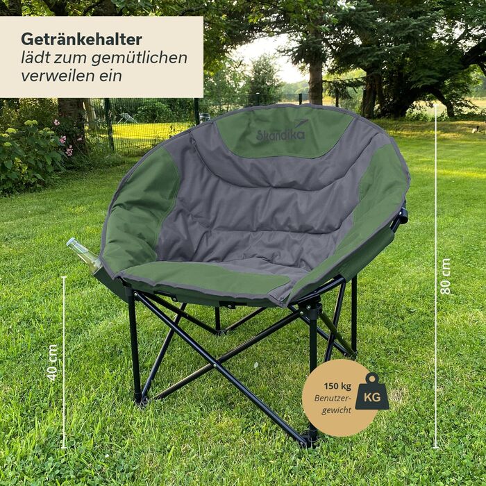 Крісло для кемпінгу Skandika Moonchair Sirkka | Зручне, складне, з кишенею-холодильником, тримачем для напоїв, ручкою та сумкою, антиковзні ніжки, до 150 кг, зелено-сіре