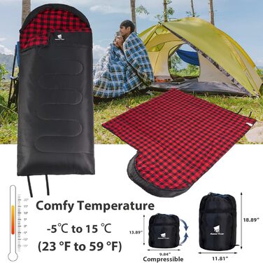 Спальний мішок GEERTOP XXL 4 сезони, фланель, 220x100 см, для дорослих, кемпінг, подорожі, туризм (чорний з червоною клітинкою)