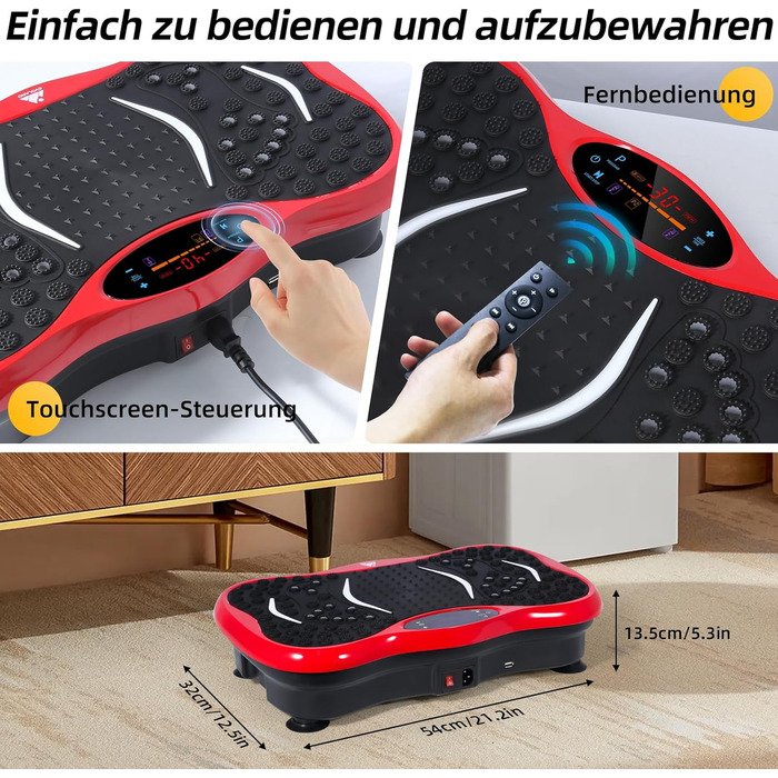 Вібраційна платформа EVOLAND з 5 програмами тренувань, Bluetooth, стрічки опору для всього тіла - червона