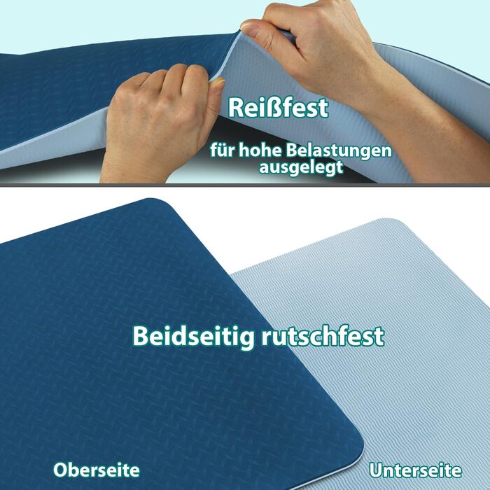 Килимок для йоги Alpidex rutschfest, 190 x 90 x 0.6 см, TPE, без фталатів, для фітнесу, гімнастики, пілатесу, йоги, тренувань, темно-синій / айс-блакитний