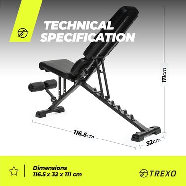 TREXO Регульована лавка для жиму, універсальна тренувальна лавка для дому, сталева конструкція, навантаження до 150 кг, чорна