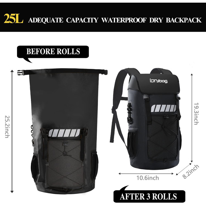 Водонепроникний рюкзак IDRYBAG для чоловіків 25L - ідеальний для каякінгу та піших прогулянок (Чорний)