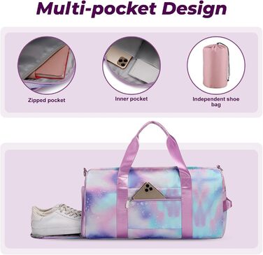 Спортивна сумка Flintronic для дівчаток та жінок, дитяча сумка для плавання з відділенням для взуття та вологостійкою кишенєю, для фітнесу, танців та подорожей, фіолетова, 46x20x25 см