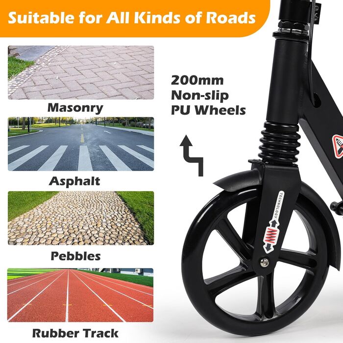 Дитячий складний самокат з великими колесами 200 мм, дискові гальма, регульована висота, з ремінним ременем (Чорний)