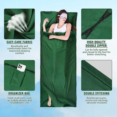 Спальний мішок бавовна, ультралегкий туристичний спальник з двосторонньою блискавкою, спальник для кемпінгу та піших прогулянок (зелений)