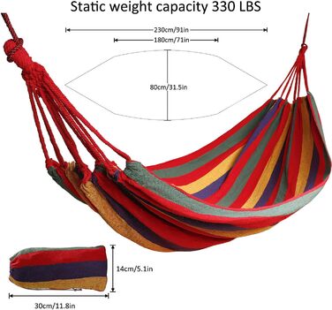 Гамак для відпочинку на відкритому повітрі з бавовни на 1 особу, 190 x 80 см, вантажопідйомність до 150 кг, з сумкою для перенесення. Ідеально підходить для пляжу, тераси, веранди, саду або двору.