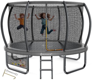 Батут KESSER® Outdoor Ø 244/305/366/427 см з сертифікатом GS, для дітей та дорослих (до 150 кг) з захисним сітком, сумкою, сходами, захисним бортиком та м'якими стійками сітки, антрацит