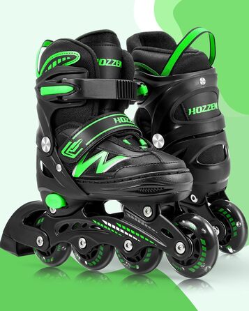 Роликові ковзани Hozzen для дітей, регульовані, ролики для дівчаток та хлопчиків, ролики з колесами, що світяться в темряві, ролики для використання в приміщенні та на вулиці, чорно-зелені