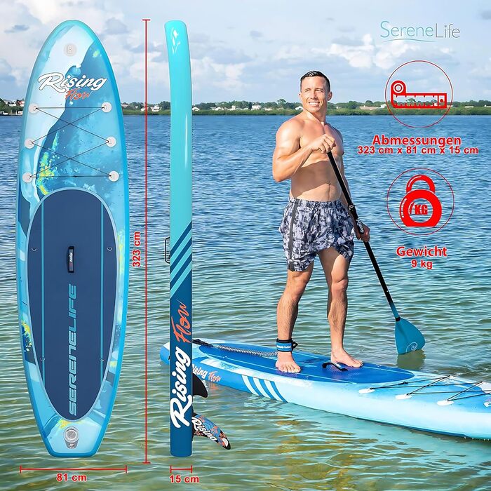 Надувна SUP-дошка SereneLife Blue Wave з аксесуарами – комплект для дітей і дорослих, антиковзке покриття, насос, весло, сумка для перенесення