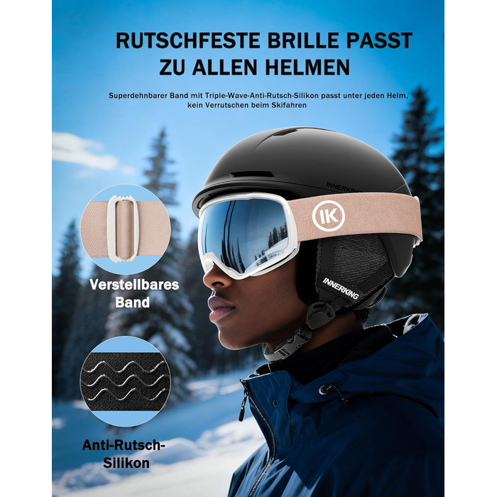 Окуляри для сноуборду та гірськолижного спорту Innerking OTG, захист від запотівання & UV400, для носіння поверх корекційних окулярів, подвійне скло, чорний/срібний (VLT 11%) (A2-White/Silver (VLT 10%))