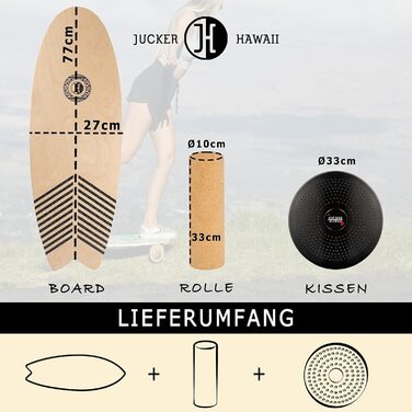 Балансборд JUCKER HAWAII Trick & Surf з натурального дерева, нековзка поверхня, набір Wave з корковим роликом і подушкою