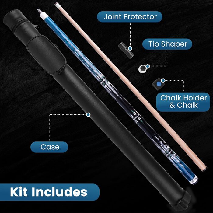 Набір для більярду Bonvalry Pool-Queue-Kit: якісний більярдний кий з обробленого клена, кейс та аксесуари (синій, 540 г)