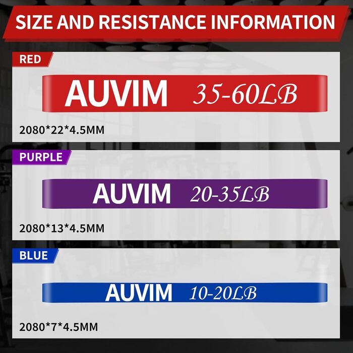 Набір еластичних стрічок для фітнесу AUVIM: 3 рівні опору для силових тренувань, розтяжки, калістеніки, кросфіту, пілатесу, йоги. У комплекті: дверний анкер та сумка для зберігання (блакитний, фіолетовий, червоний)