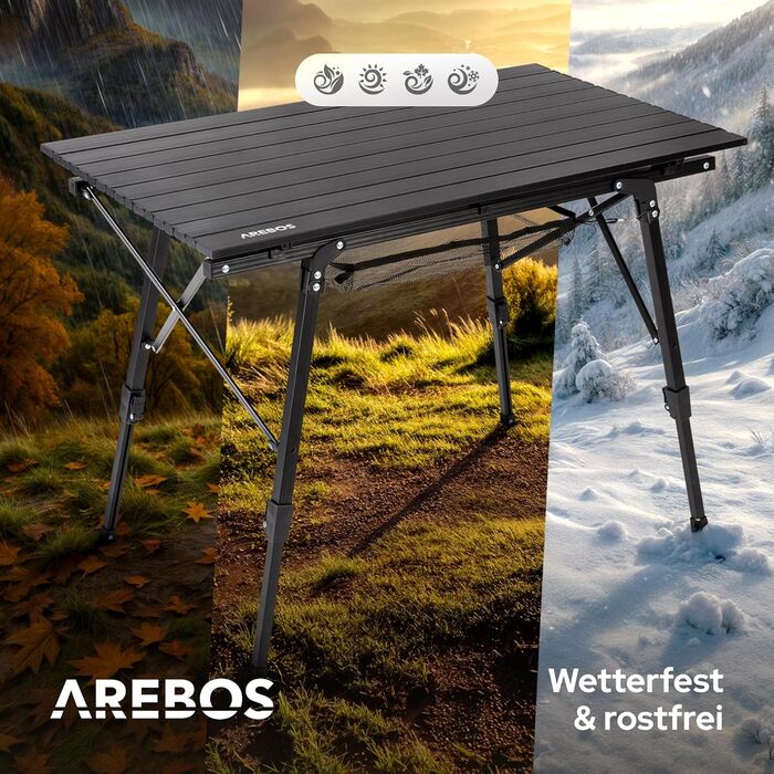 Столик туристичний складний Arebos 90x51,5 см, регулювання висоти 47-69 см, чорний | Для кемпінгу, саду, грилю, пікніка
