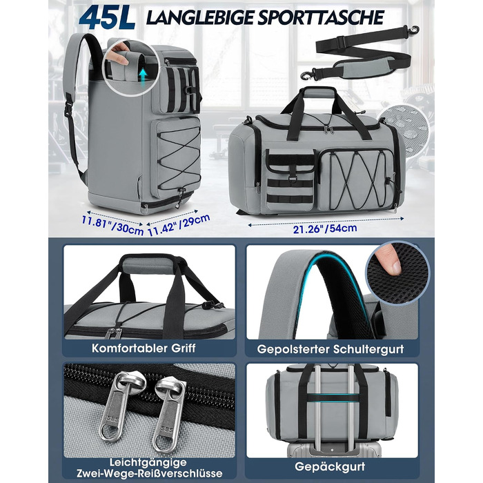 Спортивна сумка RAINSMORE 45L 3-в-1 для фітнесу та подорожей, водонепроникна дорожня сумка з відділенням для взуття та мокрих речей (Сіра)