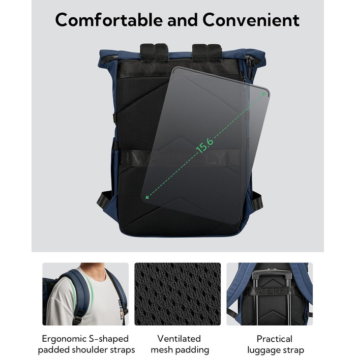 Рюкзак WATERFLY Rolltop 16-21л для чоловіків і жінок, стильний міський рюкзак із відділенням для ноутбука 16'', універсальний для школи, роботи, подорожей і спорту