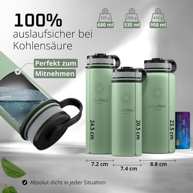 Фляга ACTIVE FLASK з нержавіючої сталі з трубочкою (3 кришки), BPA-free, не протікає, підходить для газованої води - спортивна пляшка, термопляшка, ізотермос, фляга для дітей, чай (680 мл, Sage)