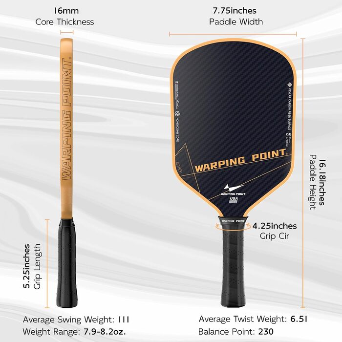 Ракетка для піклболу Warping Point Aether 16мм, сертифікована USAPA, з поверхнею з Kevlar та технологією MaxCell для контролю та спіну, гібридна модель для початківців та аматорів