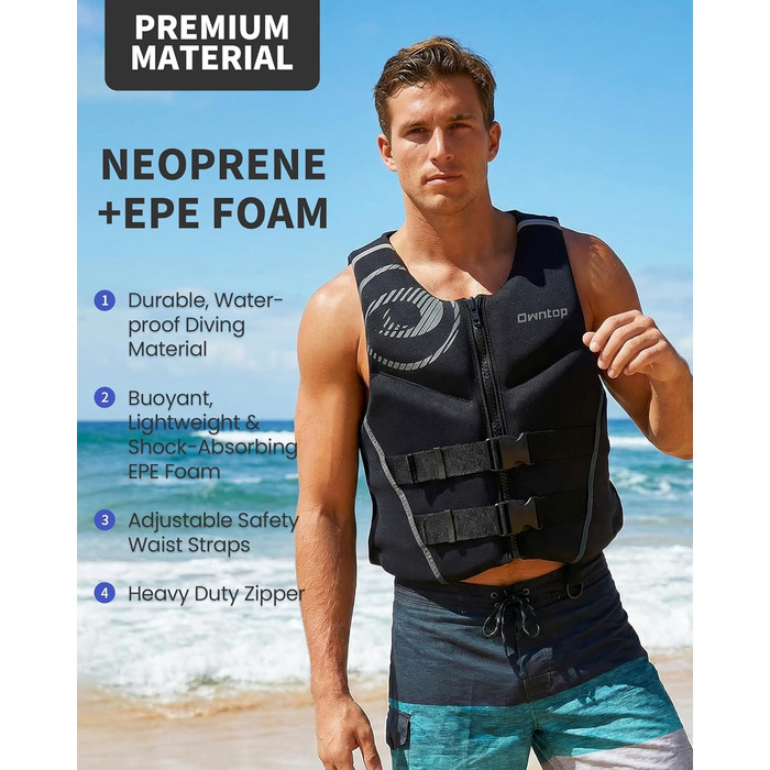 Спасальний жилет Owntop для дорослих XL | Легкий неопреновий жилет | Подвійний захист, для риболовлі, каякінгу, водних видів спорту сірий