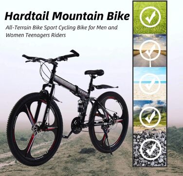 Складаний гірський велосипед MTB 24 дюйми, 21-швидкісна передача Shimano, двосторонній амортизатор, легка рама, спортивний велосипед для дорослих (Чорно-червоний)