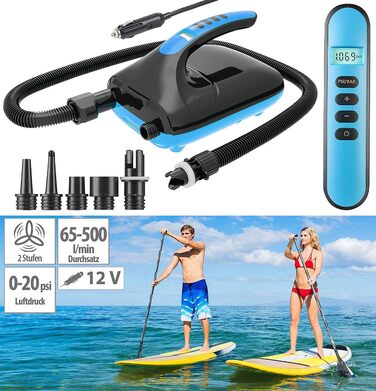 Електрична повітряна помпа для SUP-дошок та човнів AGT, 500 л/хв, з 6 насадками, для надувних човнів та SUP