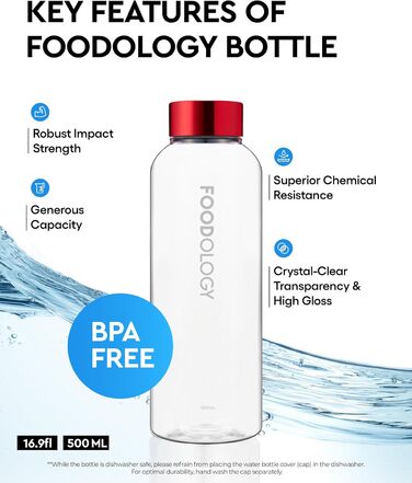 Пляшка для напоїв FOODOLOGY, спортивна, герметична, легка, довговічна, багаторазова, для фітнесу, подорожей і вулиці, BPA-free, прозора, з мірною шкалою