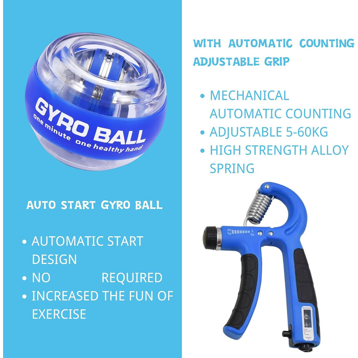 Набір для зміцнення кистей рук та передпліч (8 шт) Hand Grip Strengthener: регульовані тренажери, розтяжка для пальців, гіроскопічний м'яч (синій)