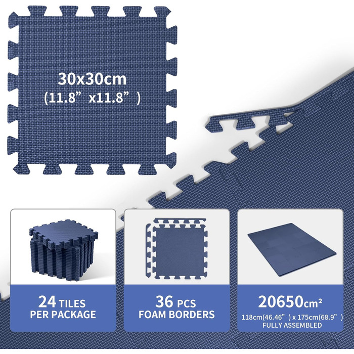Підлогова захисна мат для фітнесу EVA, 30x30 см, 24 шт, 2.07 м², пазловий комплект, нековзкий килимок для тренажерів