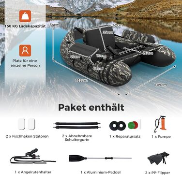 Надувне човен для риболовлі FANTASK з насосом, веслами та ременями, bellyboat, 150 кг, 135 x 109 x 54 см, камуфляж