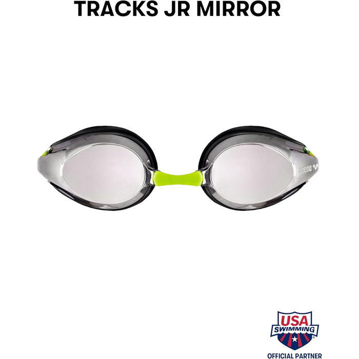 Дитячі змагальні окуляри для плавання arena Tracks Junior із дзеркальним покриттям, антифог, UV-захист, силіконові ущільнювачі, 4 змінні перенісся, сріблясто-чорно-жовті