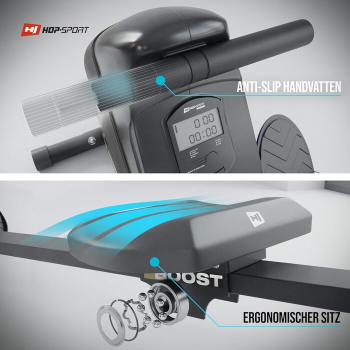 Гребний тренажер Hop-Sport Boost для дому, складаний, з магнітною системою гальмування, комп'ютером, кулькопідшипниковим сидінням, 10 рівнів навантаження, до 120 кг, золотий